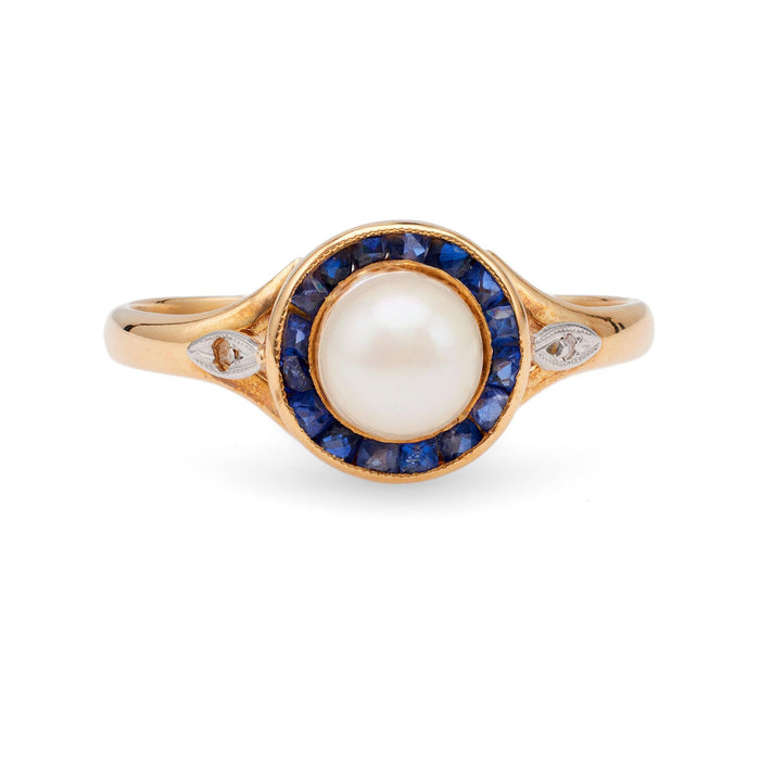 Edwardian Pearl Sapphire Diamond 18k Yellow Gold Platinum Ring