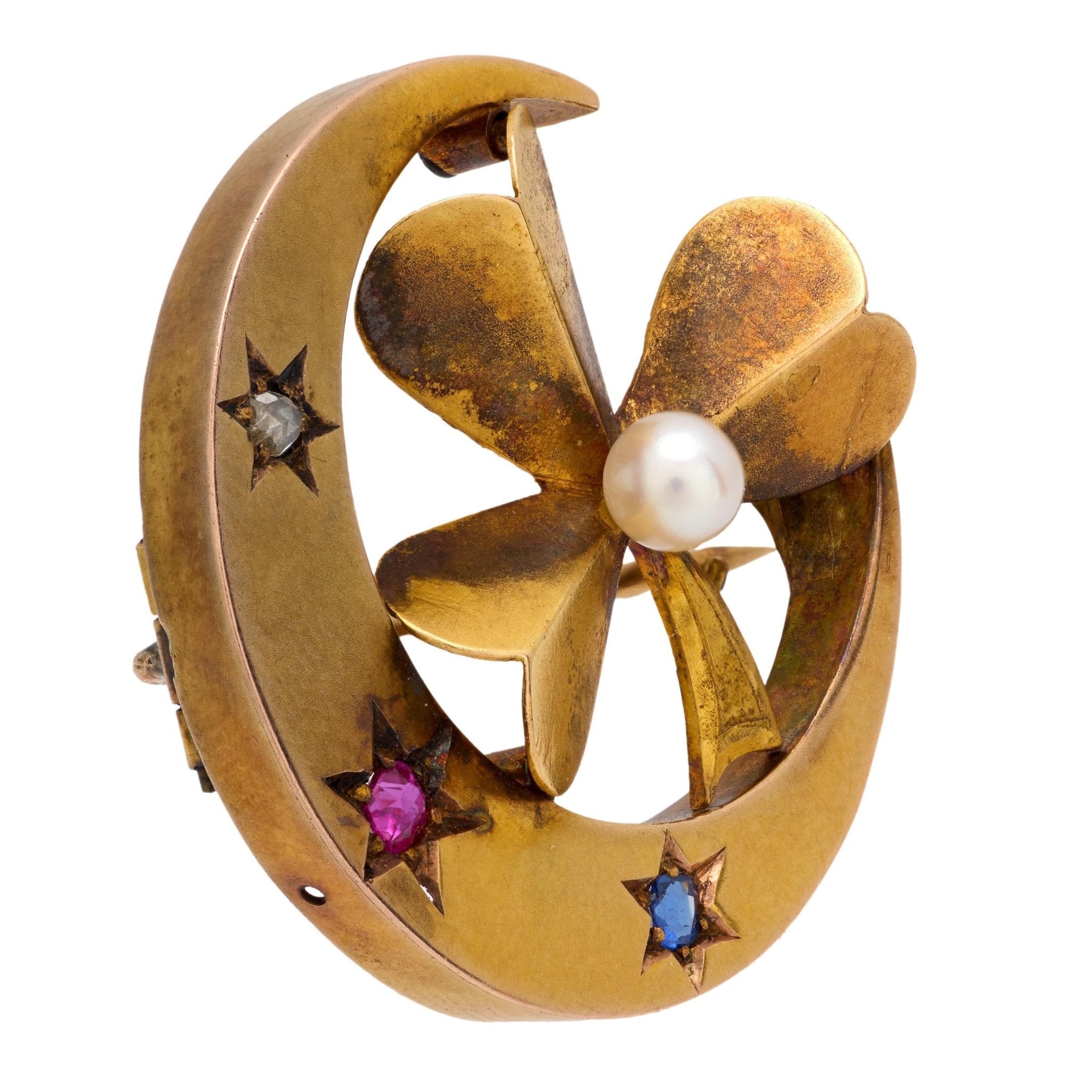 Victorian pearl ruby diamond sapphire 14k yellow gold crescent clover brooch