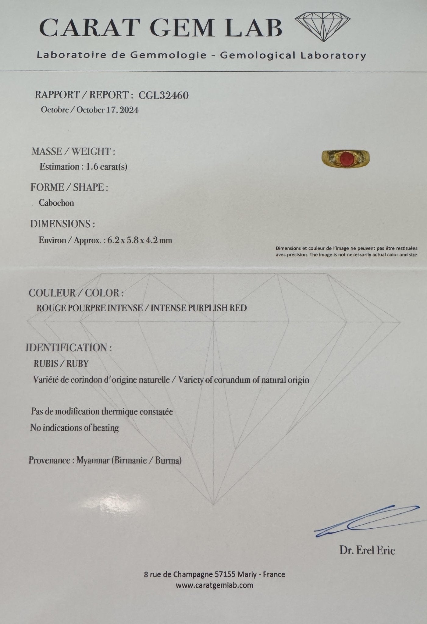 Victorian CGL 1.60 carat Burma no heat ruby diamond 18k rose gold band