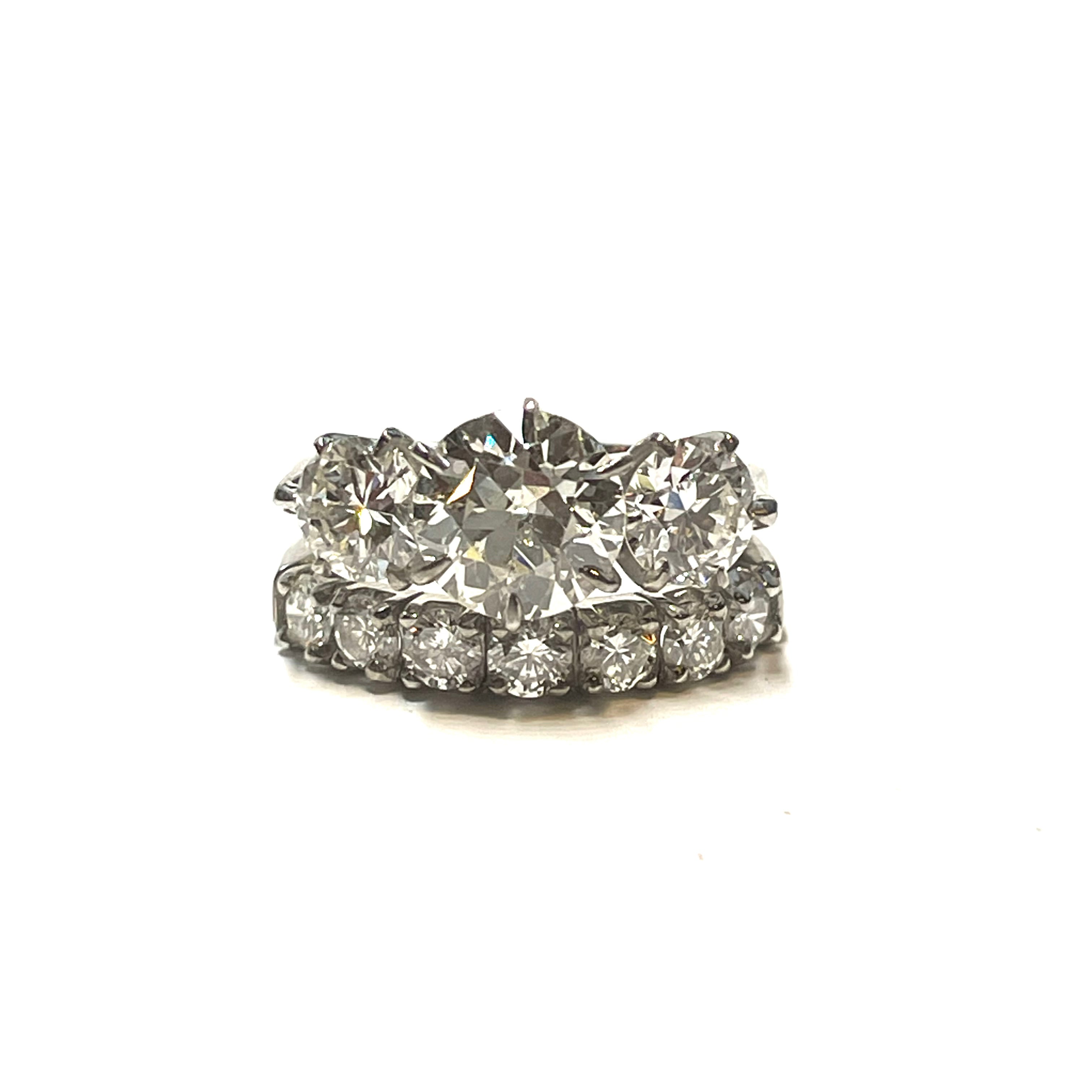 Custom 10015308 3-stone platinum and diamond ring + band