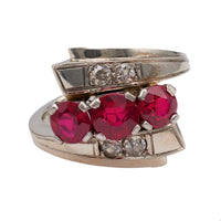 Late Art Deco Synthetic Ruby and Diamond 14 Karat White Gold Bypass Ring