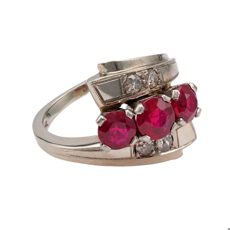 Late Art Deco Synthetic Ruby and Diamond 14 Karat White Gold Bypass Ring