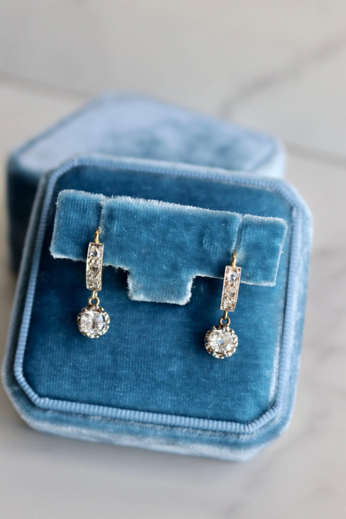 Late Edwardian Diamond 18k Gold Platinum Drop Earrings