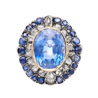 Late Victorian 10.07 Carat Sapphire and Diamond Silver 10k White Gold Cluster Ri