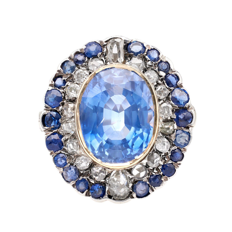 Late Victorian 10.07 Carat Sapphire and Diamond Silver 10k White Gold Cluster Ri