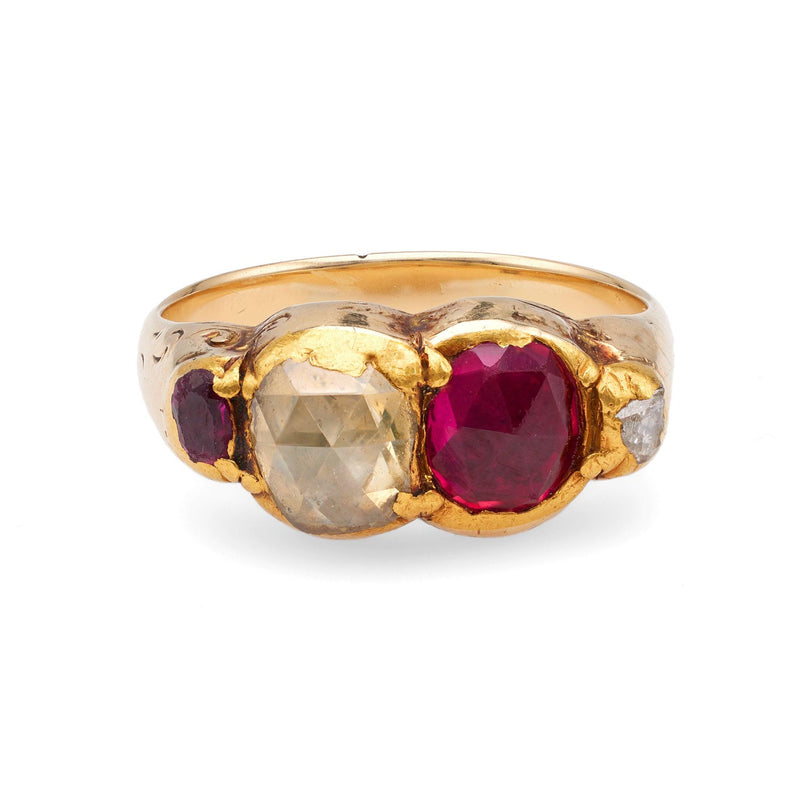 Late Victorian Diamond and Synthetic Ruby 14k Yellow Gold Ring