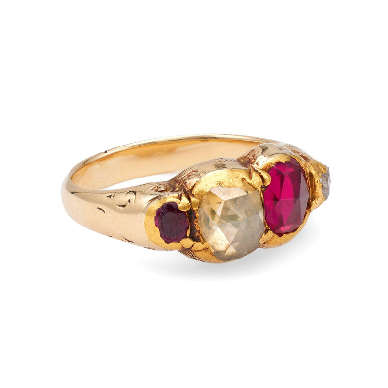 Late Victorian Diamond and Synthetic Ruby 14k Yellow Gold Ring