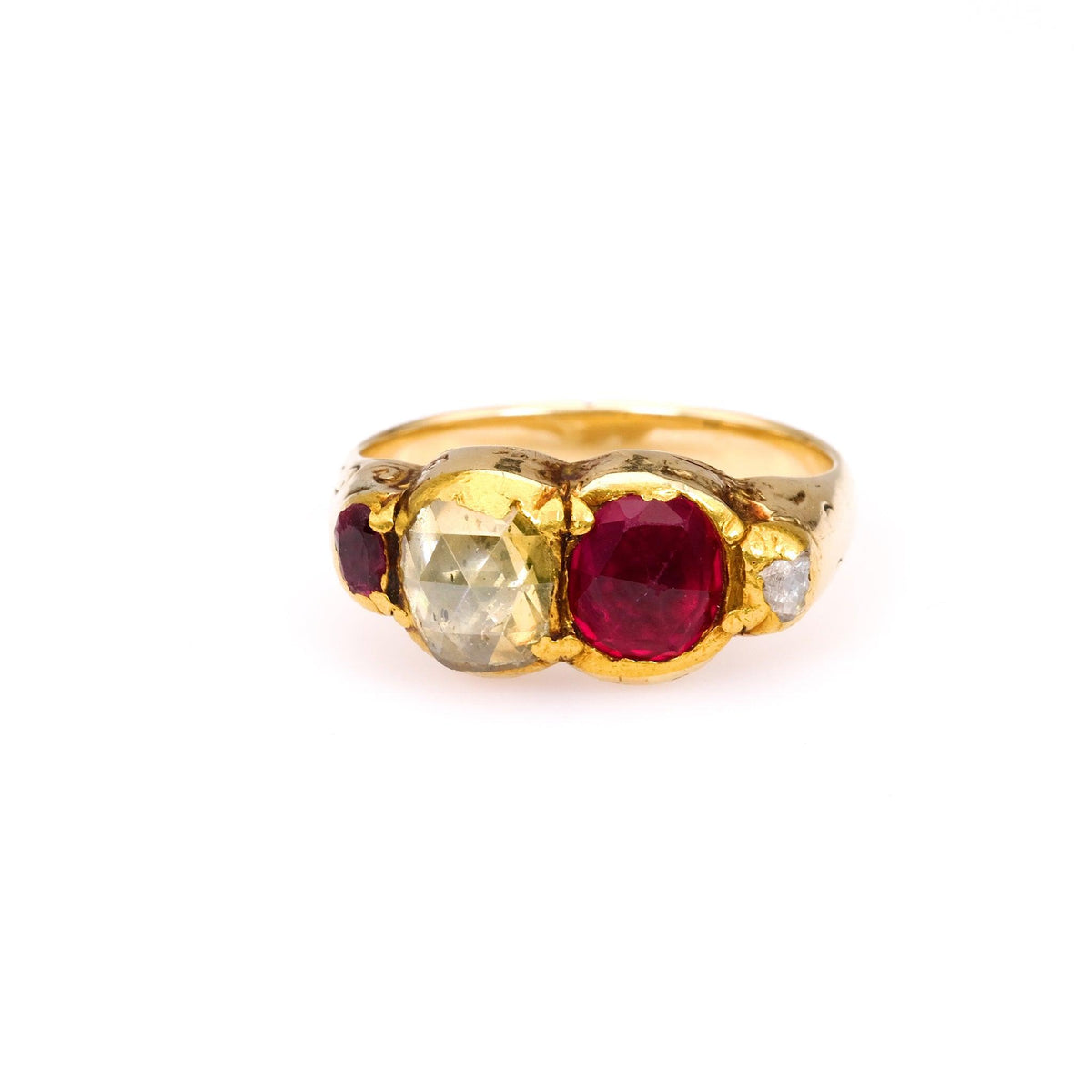 Late Victorian Diamond and Synthetic Ruby 14k Yellow Gold Ring