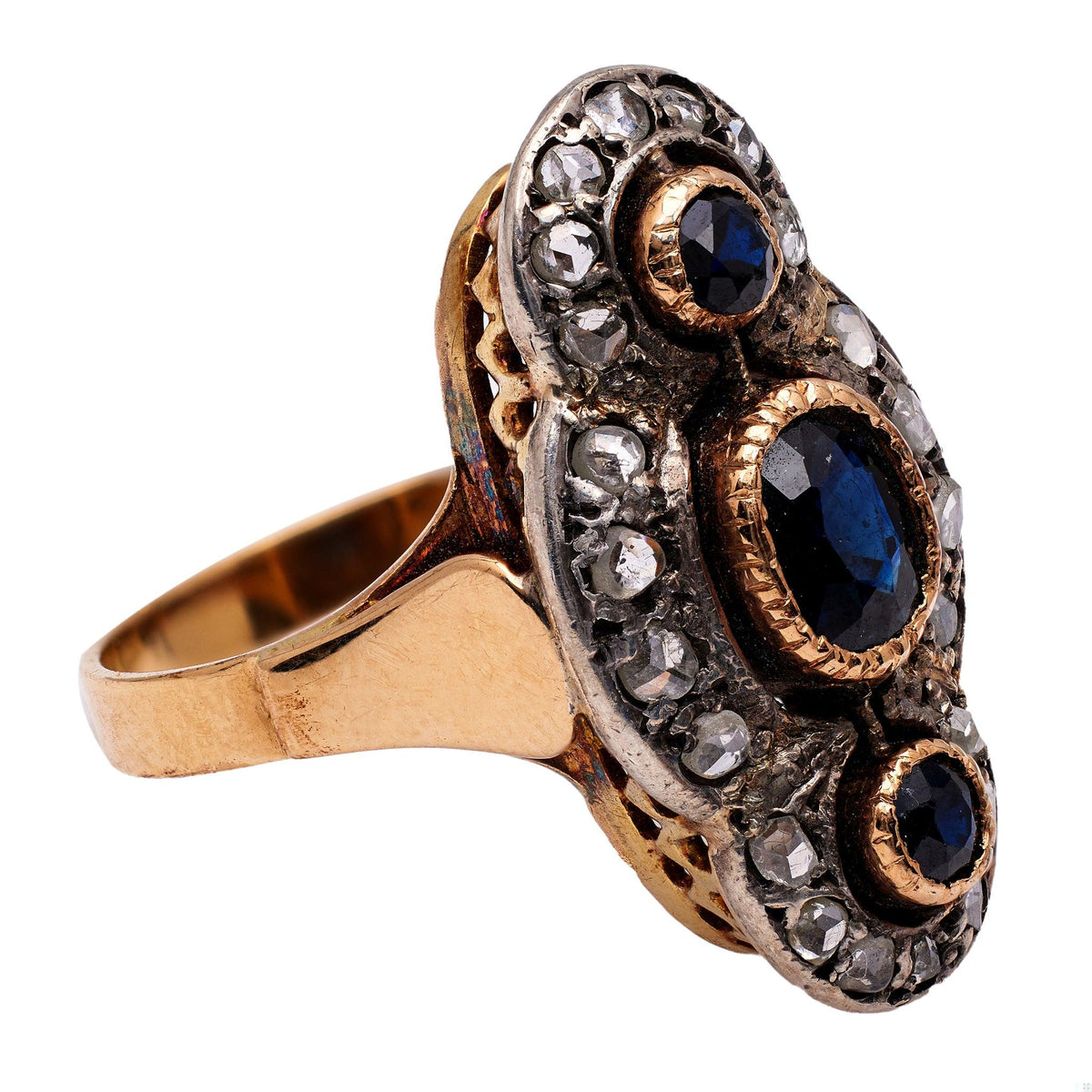 Late Victorian Sapphire Diamond 18k Yellow Gold Silver Navette Ring