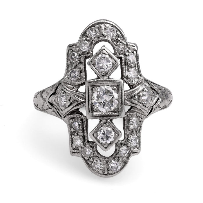 Art Deco Navette Platinum Diamond Ring