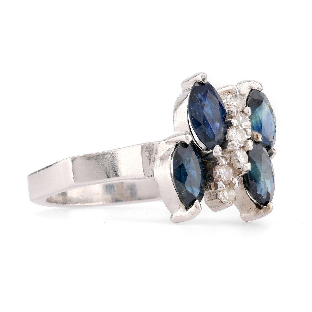 Mid Century Sapphire Diamond 18K White Gold Ring