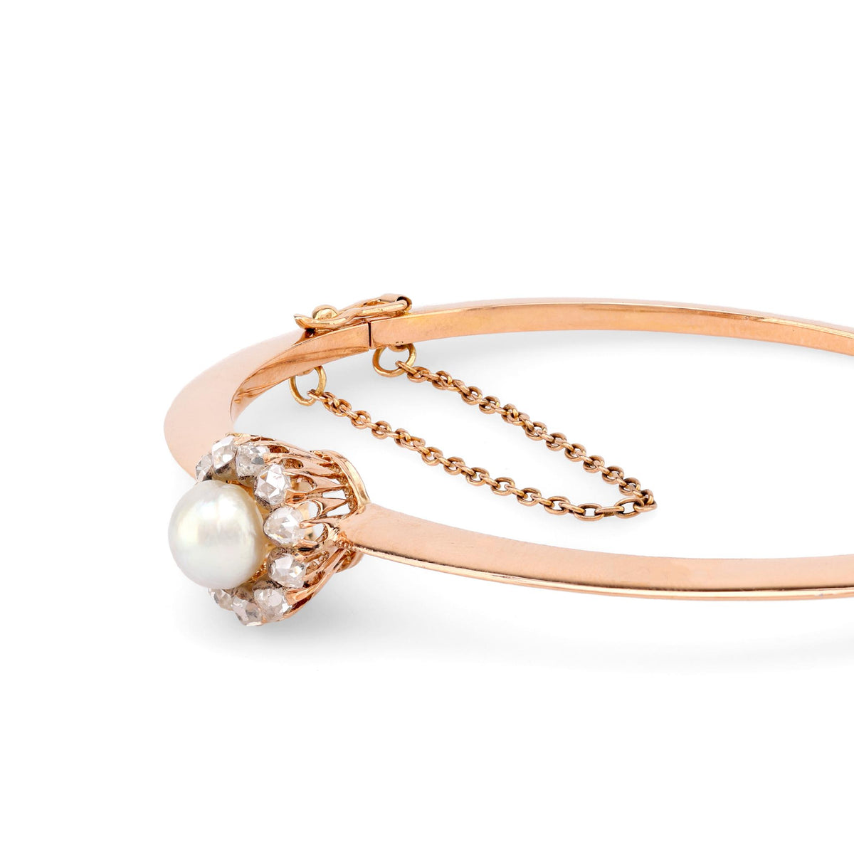 Victorian Pearl Rose Cut Diamond 18K Rose Gold Bangle