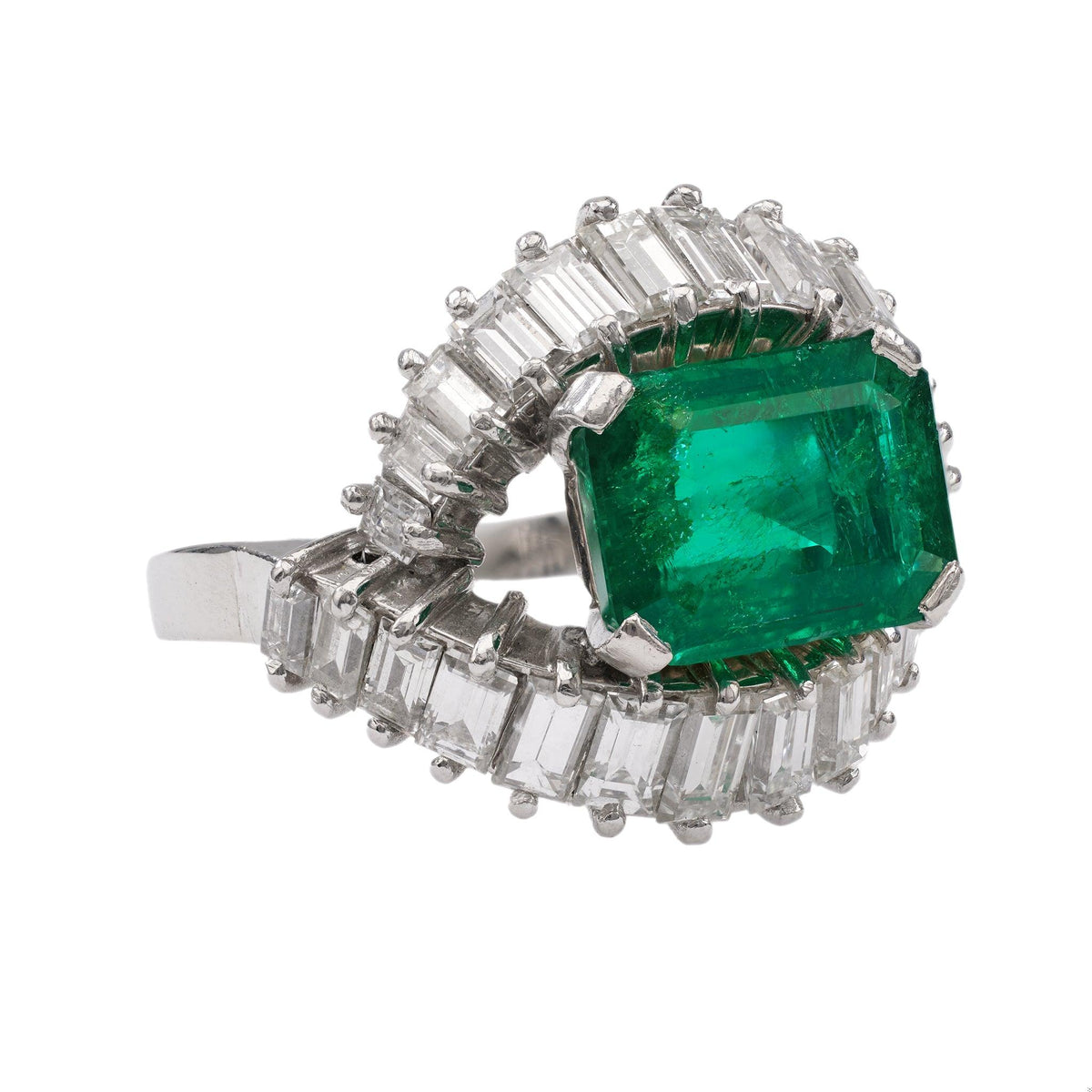 Mid-Century AGL Colombian Minor Oil Emerald Diamond Cocktail Ring