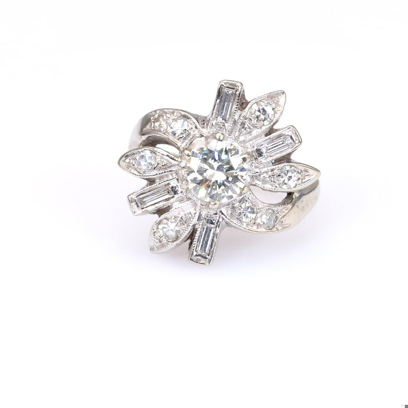 Mid-Century Diamond 14 Karat White Gold Flower Ring