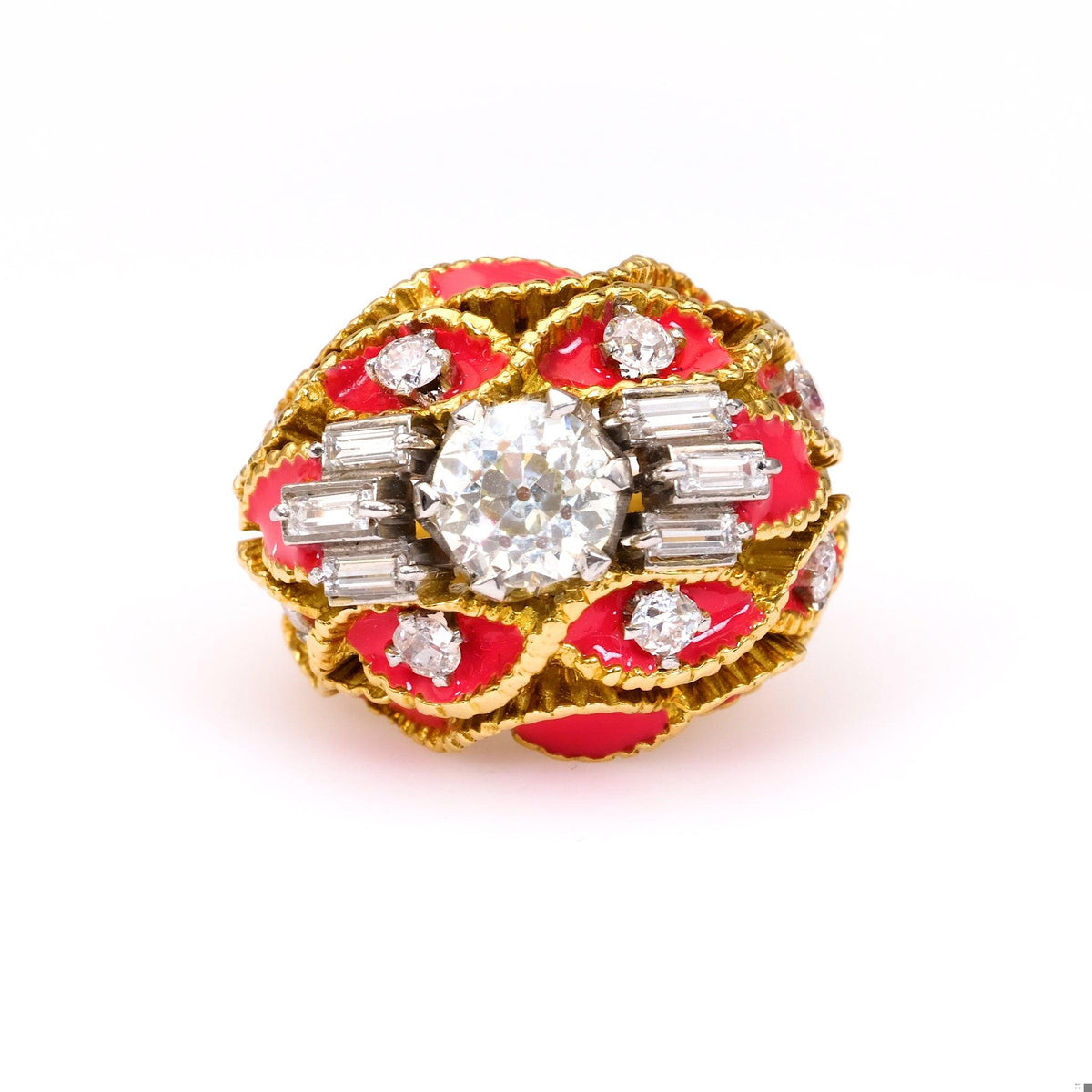 Mid-Century Diamond Enamel 18k Yellow Gold Dome Ring