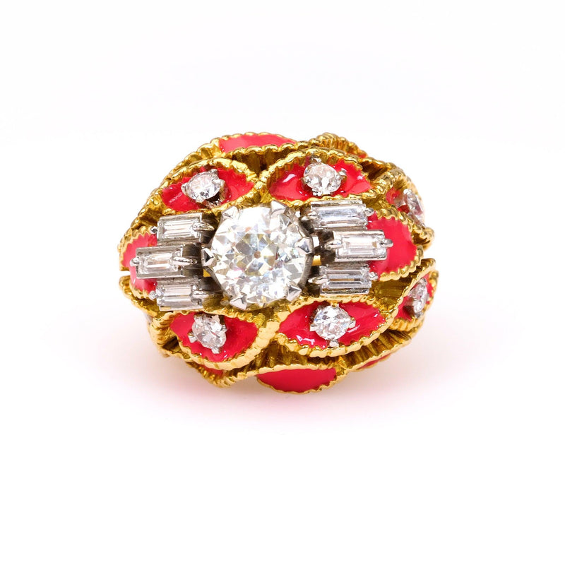 Mid-Century Diamond Enamel 18k Yellow Gold Dome Ring