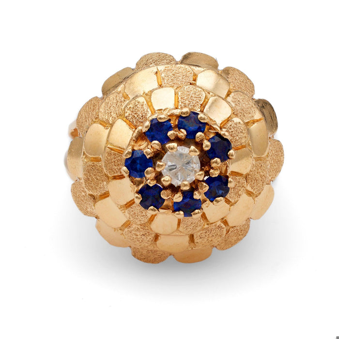 Mid-Century Diamond Sapphire 18k Yellow Gold Cocktail Ring