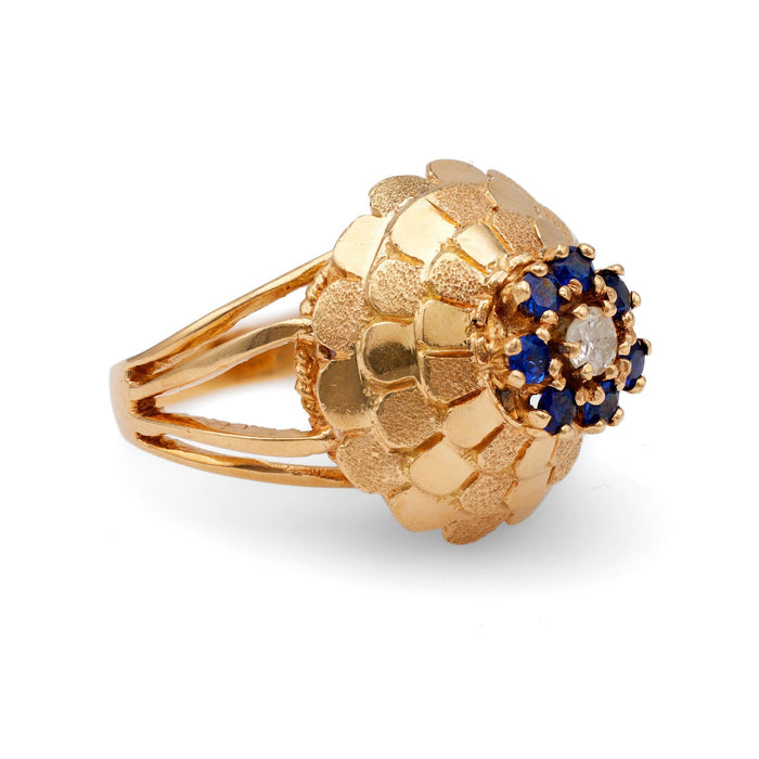 Mid-Century Diamond Sapphire 18k Yellow Gold Cocktail Ring