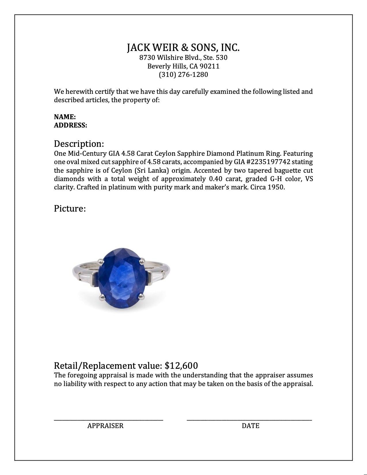 Mid-Century GIA 4.58 Carat Ceylon Sapphire Diamond Platinum Ring ...