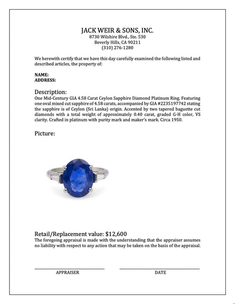 Mid-Century GIA 4.58 Carat Ceylon Sapphire Diamond Platinum Ring