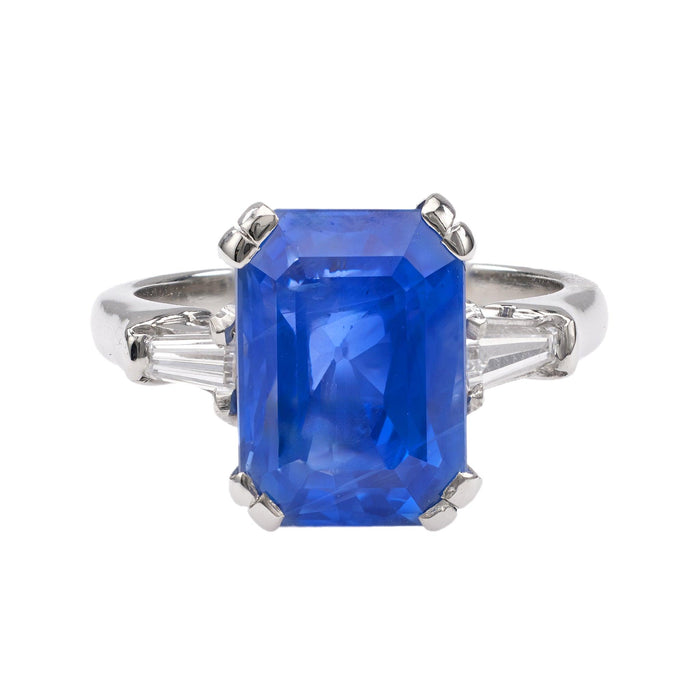 Mid-Century GIA 6.91 Carat Ceylon No Heat Sapphire Diamond Platinum Ring