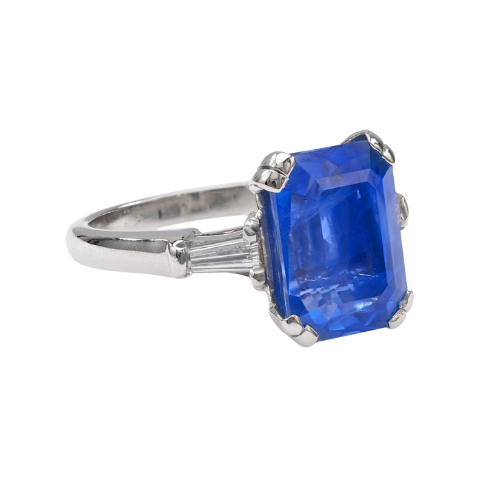 Mid-Century GIA 6.91 Carat Ceylon No Heat Sapphire Diamond Platinum Ring