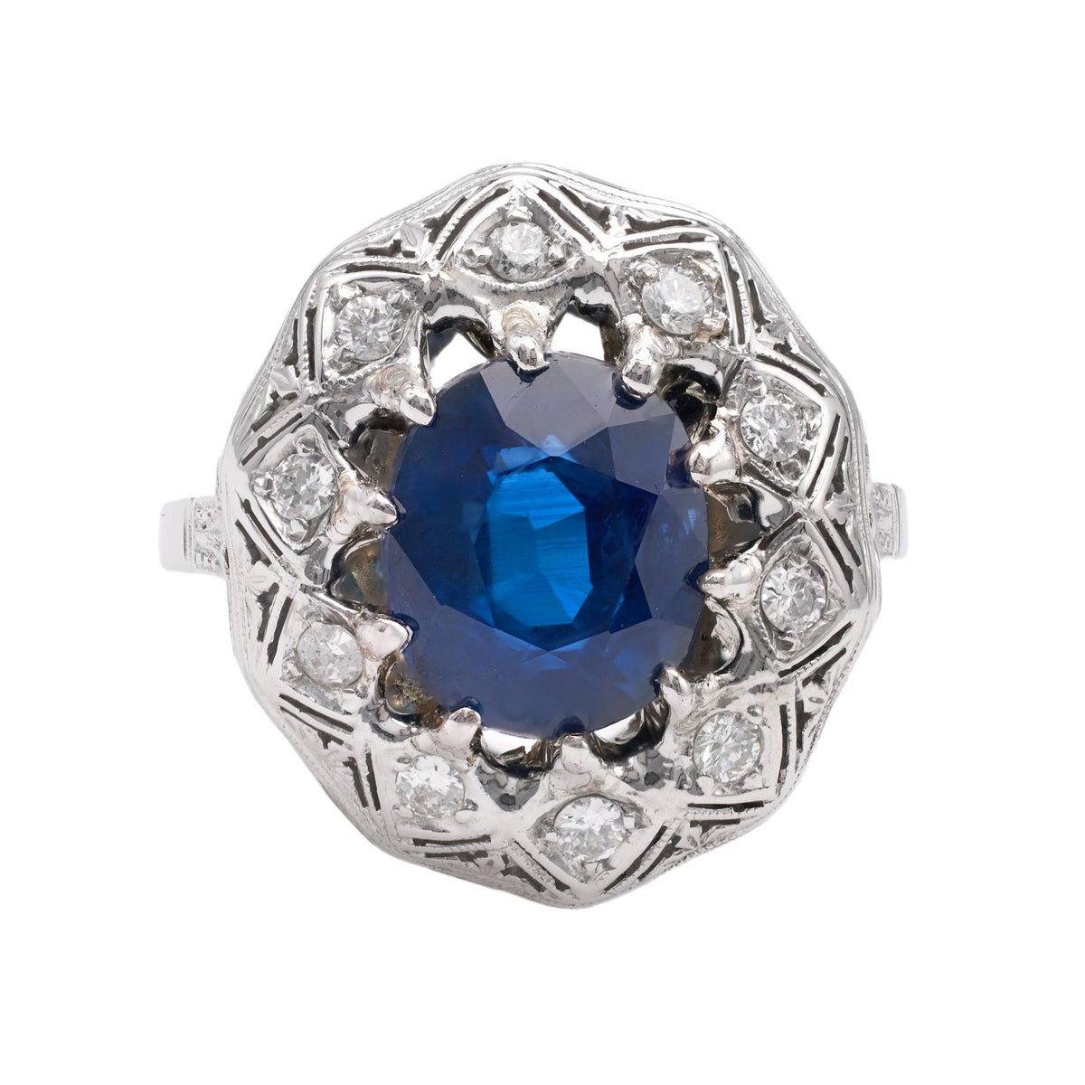 Mid-Century GIA Thai Sapphire and Diamond 18k White Gold Filigree Ring