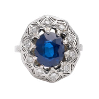 Mid-Century GIA Thai Sapphire and Diamond 18k White Gold Filigree Ring