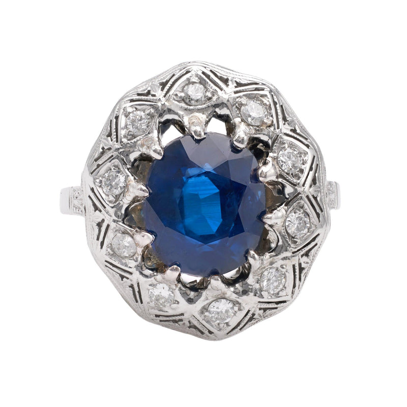 Mid-Century GIA Thai Sapphire and Diamond 18k White Gold Filigree Ring