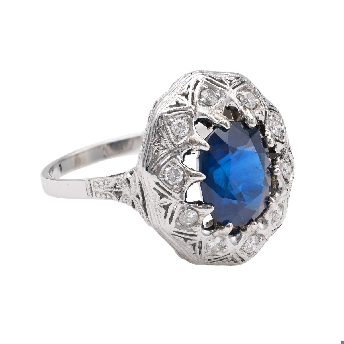 Mid-Century GIA Thai Sapphire and Diamond 18k White Gold Filigree Ring