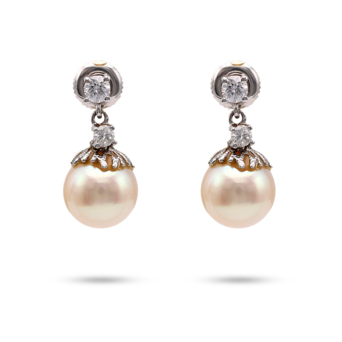 Mid-Century Pearl Diamond 14k White Gold Earrings