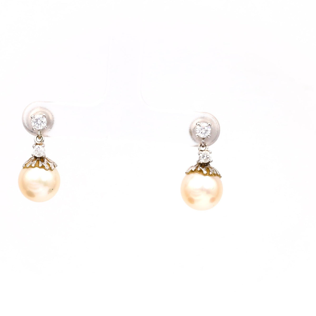 Mid-Century Pearl Diamond 14k White Gold Earrings