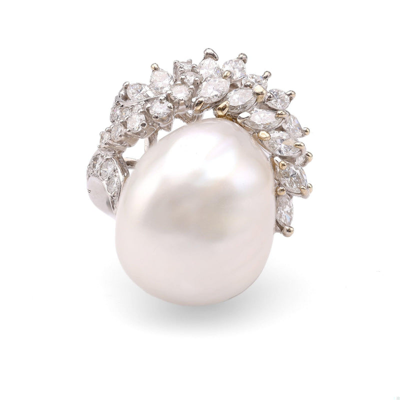 Mid-Century Pearl Diamond Platinum Cocktail Ring