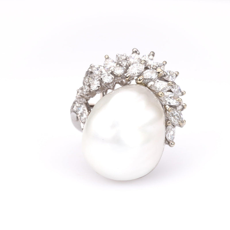 Mid-Century Pearl Diamond Platinum Cocktail Ring