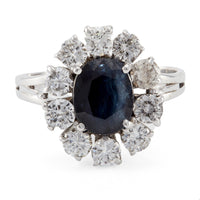 Mid-Century Sapphire and Diamond 18k White Gold Cluster Ring