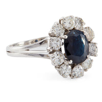 Mid-Century Sapphire and Diamond 18k White Gold Cluster Ring