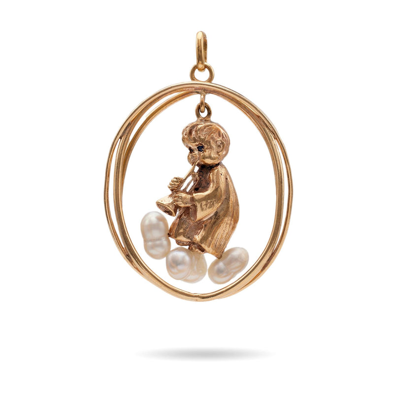 Mid-Century Sapphire and Pearl Cherub 14k Yellow Gold Pendant