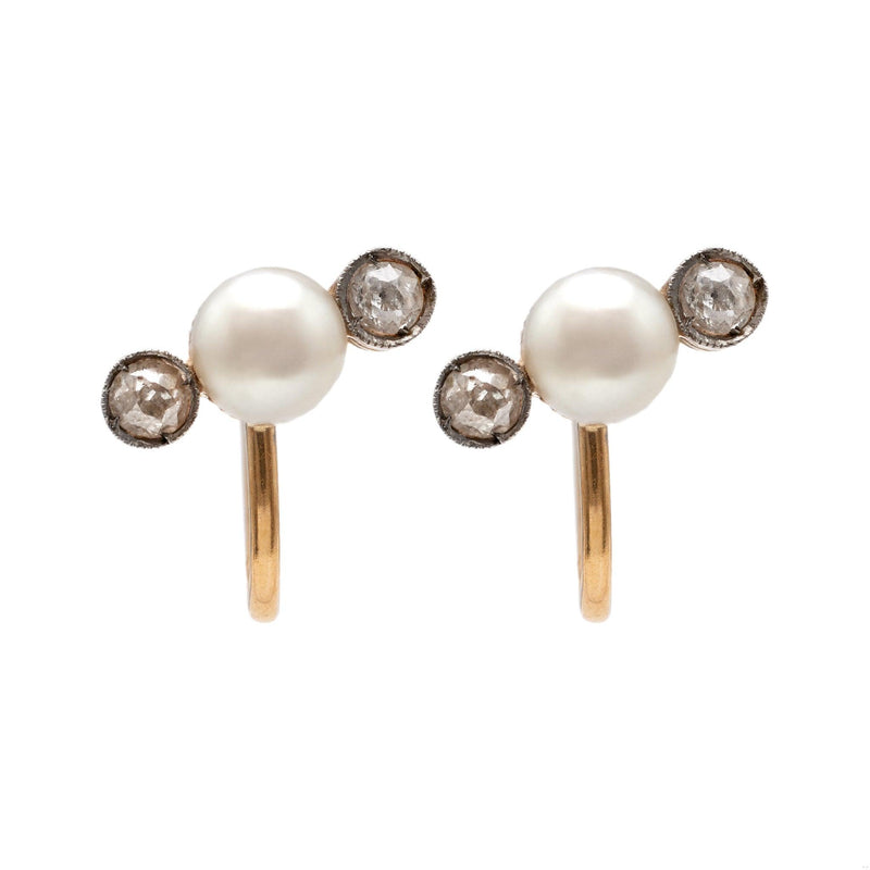 Pair of Antique Pearl and Diamond 18k Yellow Gold Earrings