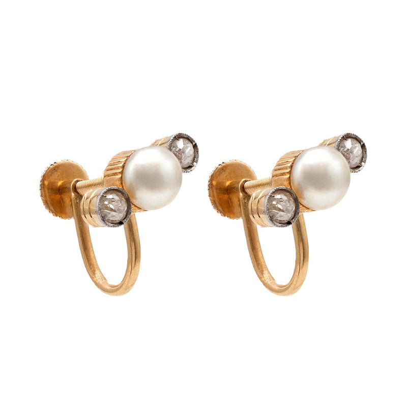 Pair of Antique Pearl and Diamond 18k Yellow Gold Earrings