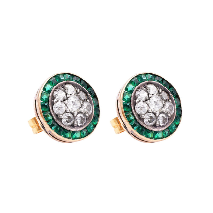 Pair of Art Deco Diamond and Emerald Stud Earrings