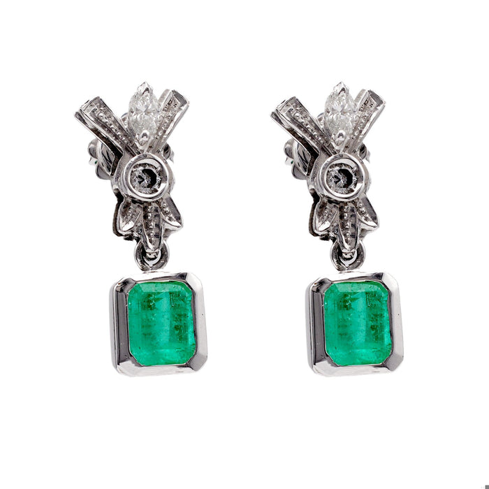 Pair of Mid-Century Emerald and Diamond Platinum Drop Earrings