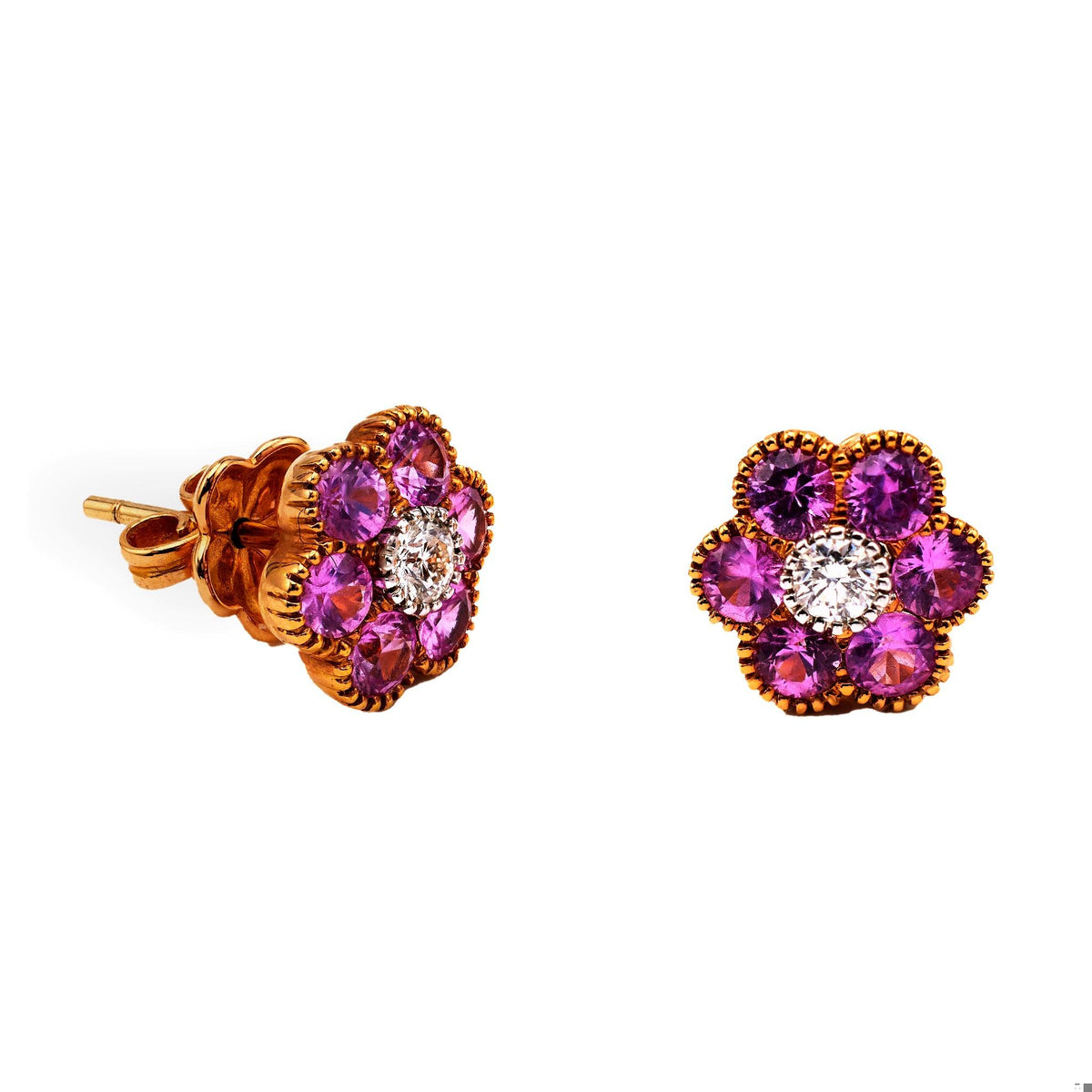 Pair of Vintage Pink Sapphire and Diamond 18k Yellow Gold Earrings