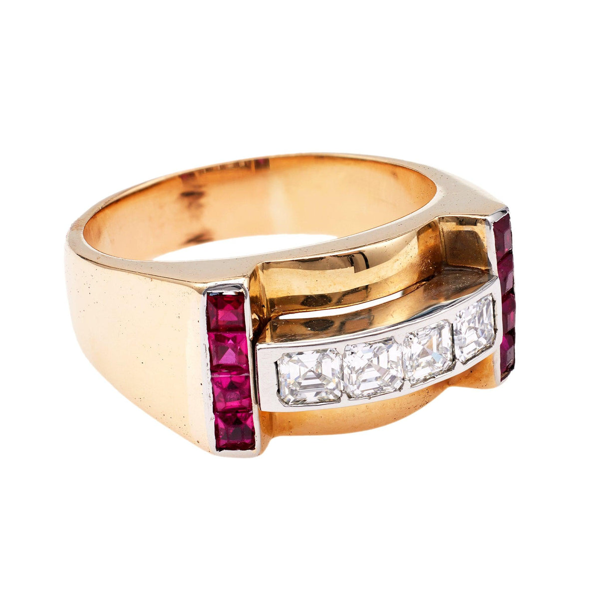 Retro Diamond and Ruby 14k Yellow Gold Platinum Tank Ring