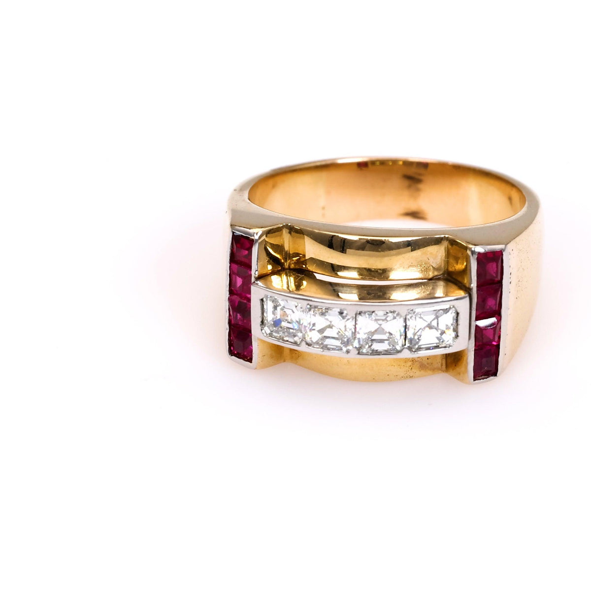 Retro Diamond and Ruby 14k Yellow Gold Platinum Tank Ring