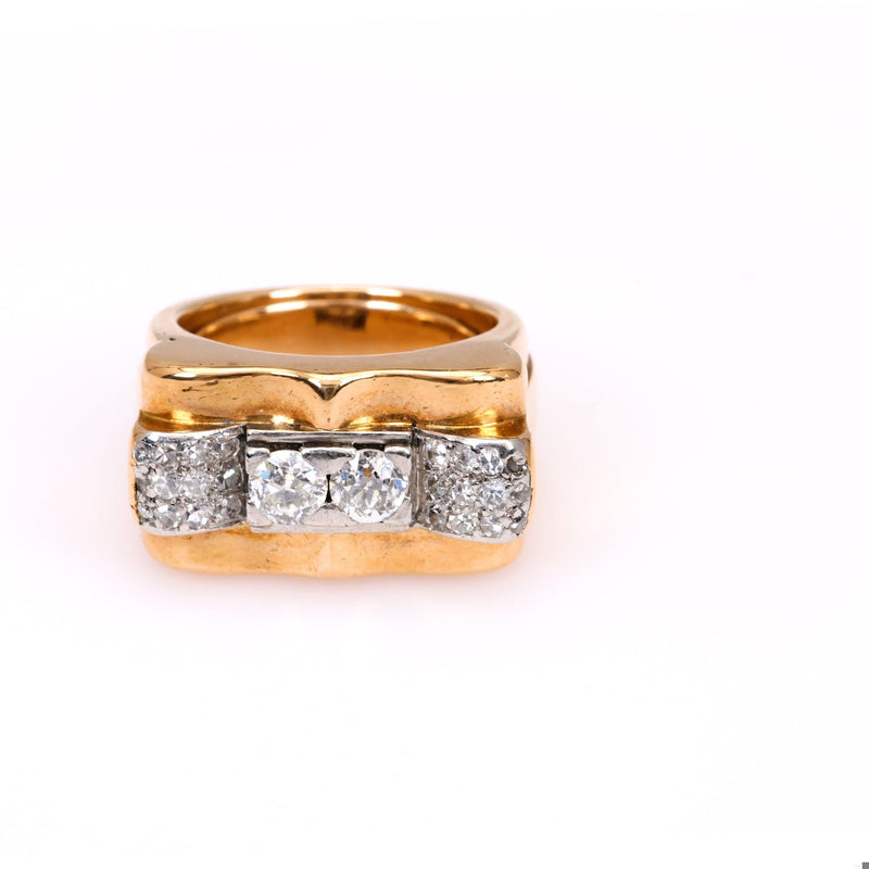 Retro French Diamond 18k Rose Gold Platinum Tank Ring