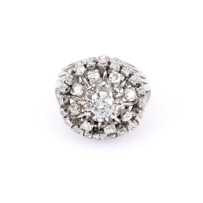 Retro French Diamond Platinum 18k White Gold Cluster Cocktail Ring