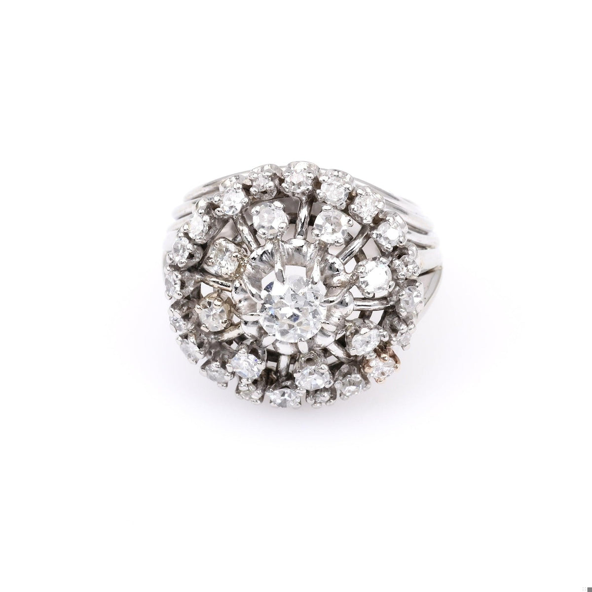 Retro French Diamond Platinum 18k White Gold Cluster Cocktail Ring