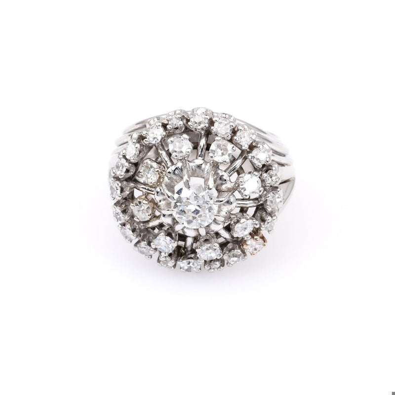 Retro French Diamond Platinum 18k White Gold Cluster Cocktail Ring