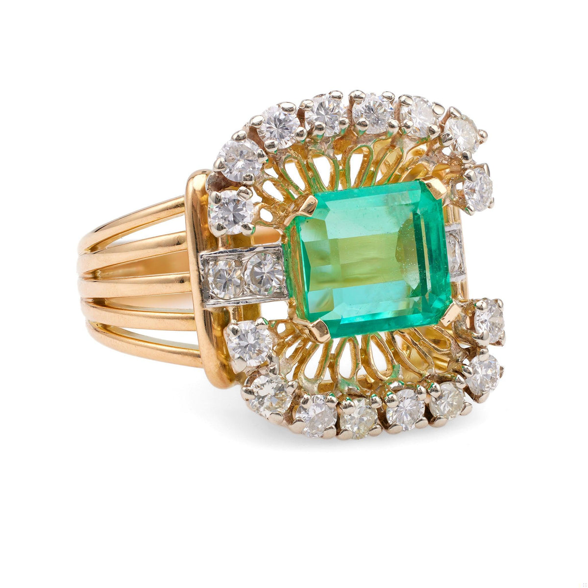 Retro French GIA 2.68 Carat Colombian Emerald Diamond 18k Yellow Gold Cocktail R