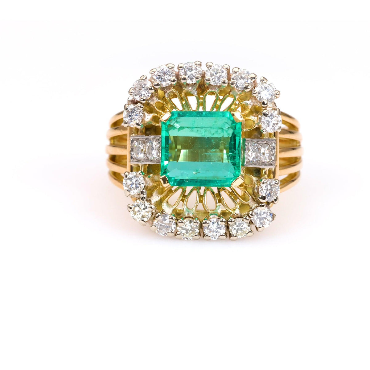 Retro French GIA 2.68 Carat Colombian Emerald Diamond 18k Yellow Gold Cocktail R